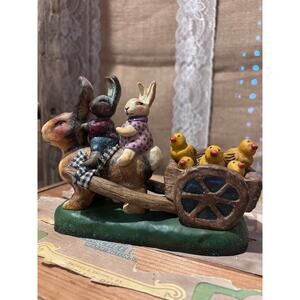 Vintage Easter Collectible Figurine Featuring Bunny Rabbits & Wagon W/ Chicks